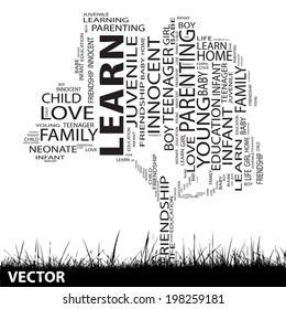 Vector concept or conceptual black text word cloud or tagcloud as a tree and grass isolated on white background, metaphor for child, family, education, life, home, love and school learn or achievement