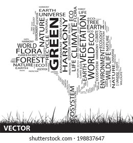 Vector concept or conceptual black text word cloud as tree and grass isolated on white background for nature, ecology, green, energy, natural, life, world, global, protect, environmental or recycling