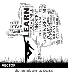 Concepto vectorial o nube de palabras de texto negro conceptual o tagcloud como árbol y hierba, un hombre saltando, aislado en blanco, metáfora a niño, familia, educación, vida, hogar, amor, aprendizaje escolar o logro