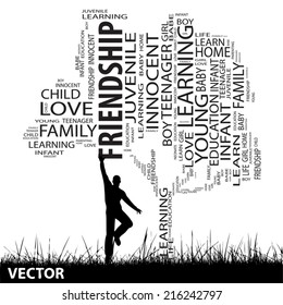 Vector concept or conceptual black text word cloud or tagcloud as tree and grass, a man jumping, isolated on white, metaphor to child, family, education, life, home, love, school learn or achievement