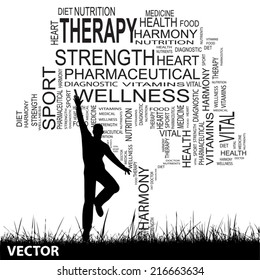 Vetor conceito ou texto preto conceitual palavra nuvem como árvore e grama, um homem pulando isolado no fundo branco, metáfora para a saúde, nutrição, dieta, bem-estar, corpo, energia, médico, esporte, coração