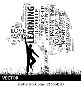 Vector concept or conceptual black text word cloud or tagcloud as tree and grass, a man jumping, isolated on white, metaphor to child, family, education, life, home, love, school learn or achievement