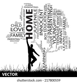 Vector concept or conceptual black text word cloud or tagcloud as tree and grass, a man jumping, isolated on white, metaphor to child, family, education, life, home, love, school learn or achievement