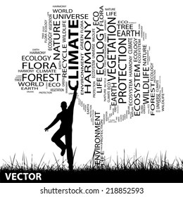 Vector concept or conceptual black text word cloud as tree and grass,a man jumping isolated on white for nature, ecology, green, energy, natural, life, world, global, protect, environmental, recycling