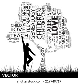 Vector concept or conceptual black text word cloud or tagcloud as tree and grass, a man jumping, isolated on white, metaphor to child, family, education, life, home, love, school learn or achievement