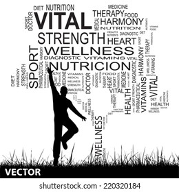 Vector concept or conceptual black text word cloud as tree and grass, a man jumping isolated on white background, metaphor for health, nutrition, diet, wellness, body, energy, medical, sport, heart