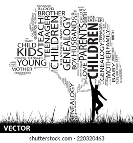 Vector concept or conceptual black text word cloud or tagcloud as tree and grass, a man jumping, isolated on white, metaphor to child, family, education, life, home, love, school learn or achievement