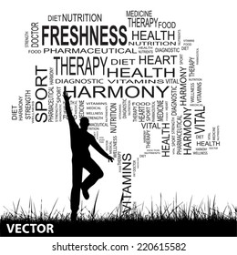 Vector concept or conceptual black text word cloud as tree and grass, a man jumping isolated on white background, metaphor for health, nutrition, diet, wellness, body, energy, medical, sport, heart