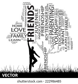 Vector concept or conceptual black text word cloud or tagcloud as tree and grass, a man jumping, isolated on white, metaphor to child, family, education, life, home, love, school learn or achievement