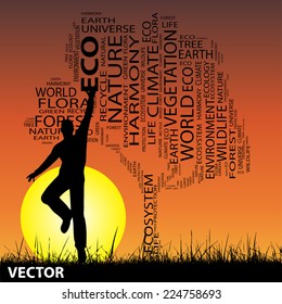 Vector concept or conceptual black text word cloud as tree and grass, man jumping on sunset with sun for nature, ecology, green, energy, natural, life, world, global, protect, environmental, recycling