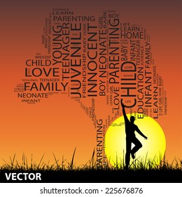 Vector concept or conceptual black text word cloud or tagcloud as tree and grass, a man jumping, on sunset with sun, metaphor to child, family, education, life, home, love, school learn or achievement