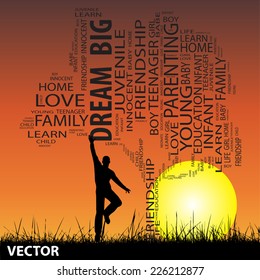 Vector concept or conceptual black text word cloud or tagcloud as tree and grass, a man jumping, on sunset with sun, metaphor to child, family, education, life, home, love, school learn or achievement
