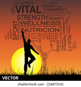 Vector concept or conceptual black text word cloud as tree and grass, a man jumping on sunset with sun background, metaphor for health, nutrition, diet, wellness, body, energy, medical, sport, heart