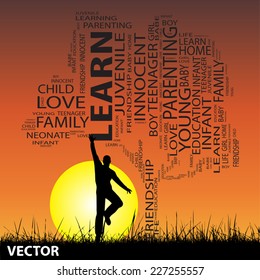 Vector concept or conceptual black text word cloud or tagcloud as tree and grass, a man jumping, on sunset with sun, metaphor to child, family, education, life, home, love, school learn or achievement