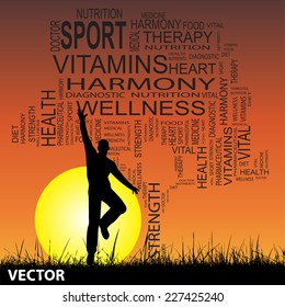 Vector concept or conceptual black text word cloud as tree and grass, a man jumping on sunset with sun background, metaphor for health, nutrition, diet, wellness, body, energy, medical, sport, heart