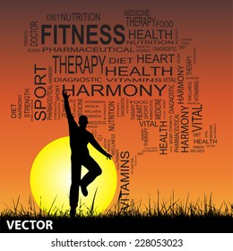 Vector concept or conceptual black text word cloud as tree and grass, a man jumping on sunset with sun background, metaphor for health, nutrition, diet, wellness, body, energy, medical, sport, heart
