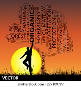 Vector concept or conceptual black text word cloud as tree and grass, man jumping on sunset with sun for nature, ecology, green, energy, natural, life, world, global, protect, environmental, recycling