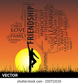 Vector concept or conceptual black text word cloud or tagcloud as tree and grass, a man jumping, on sunset with sun, metaphor to child, family, education, life, home, love, school learn or achievement