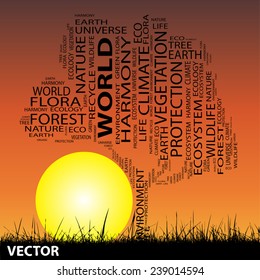 Concepto vectorial o término conceptual negro nube como árbol y hierba, hombre saltando al atardecer con sol por naturaleza, ecología, verde, energía, natural, vida, mundo, global, proteger, medio ambiente, reciclar