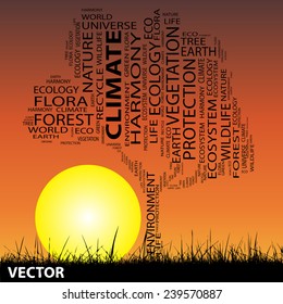 Vector concept or conceptual black text word cloud as tree and grass on sunset sky sun background  for nature, ecology, green, energy, natural, life, world, global, protect, environmental or recycling
