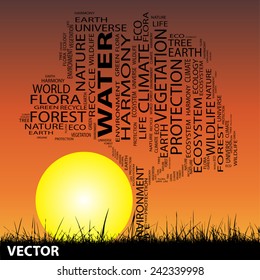 Vector concept or conceptual black text word cloud as tree and grass on sunset sky sun background  for nature, ecology, green, energy, natural, life, world, global, protect, environmental or recycling