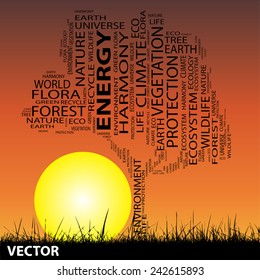 Vector concept or conceptual black text word cloud as tree and grass on sunset sky sun background  for nature, ecology, green, energy, natural, life, world, global, protect, environmental or recycling