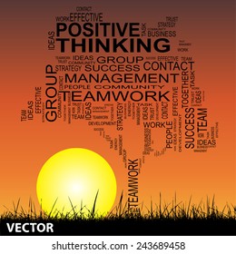 Vector concept or conceptual black text word cloud on grass sunset and sun with cloud background, metaphor to business, team, teamwork, management, effective, success, communication, group or symbol