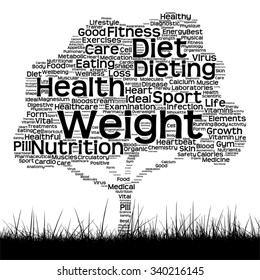 Vector concept or conceptual black text word cloud as tree and grass isolated on white background, metaphor for health, nutrition, diet, wellness, body, energy, medical, sport, heart or science