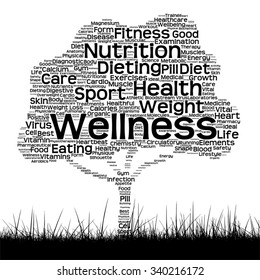 Vector concept or conceptual black text word cloud as tree and grass isolated on white background, metaphor for health, nutrition, diet, wellness, body, energy, medical, sport, heart or science