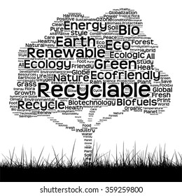 Concepto vectorial o nube de texto negro conceptual como árbol y hierba aislados en fondo blanco para la naturaleza, la ecología, verde, la energía, la naturaleza, la vida, el mundo, global, proteger, el medio ambiente o el reciclado