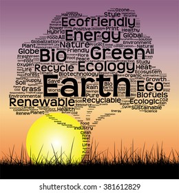 Vector concept or conceptual black text word cloud as tree and grass on sunset sky sun background  for nature, ecology, green, energy, natural, life, world, global, protect, environmental or recycling