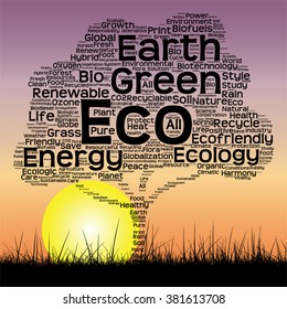 Vector concept or conceptual black text word cloud as tree and grass on sunset sky sun background  for nature, ecology, green, energy, natural, life, world, global, protect, environmental or recycling