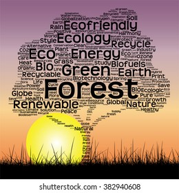 Vector concept or conceptual black text word cloud as tree and grass on sunset sky sun background  for nature, ecology, green, energy, natural, life, world, global, protect, environmental or recycling