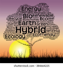Vector concept or conceptual black text word cloud as tree and grass on sunset sky sun background  for nature, ecology, green, energy, natural, life, world, global, protect, environmental or recycling