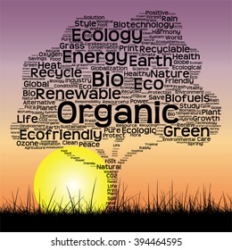 Vector concept or conceptual black text word cloud as tree and grass on sunset sky sun background  for nature, ecology, green, energy, natural, life, world, global, protect, environmental or recycling