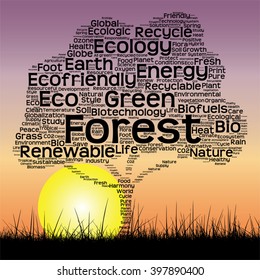 Vector concept or conceptual black text word cloud as tree and grass on sunset sky sun background  for nature, ecology, green, energy, natural, life, world, global, protect, environmental or recycling
