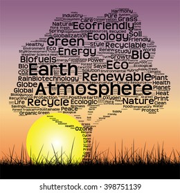 Vector concept or conceptual black text word cloud as tree and grass on sunset sky sun background  for nature, ecology, green, energy, natural, life, world, global, protect, environmental or recycling