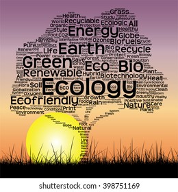 Vector concept or conceptual black text word cloud as tree and grass on sunset sky sun background  for nature, ecology, green, energy, natural, life, world, global, protect, environmental or recycling