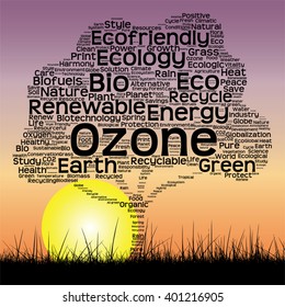 Vector concept or conceptual black text word cloud as tree and grass on sunset sky sun background  for nature, ecology, green, energy, natural, life, world, global, protect, environmental or recycling
