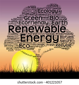 Vector concept or conceptual black text word cloud as tree and grass on sunset sky sun background  for nature, ecology, green, energy, natural, life, world, global, protect, environmental or recycling