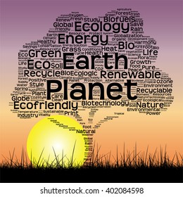 Vetor conceito ou texto preto conceitual palavra nuvem como árvore e grama no pôr do sol céu sol fundo para a natureza, ecologia, verde, energia, natural, vida, mundo, global, proteger, ambiental ou reciclagem