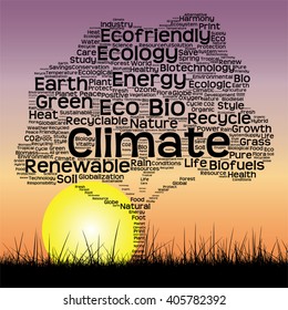 Vector concept or conceptual black text word cloud as tree and grass on sunset sky sun background  for nature, ecology, green, energy, natural, life, world, global, protect, environmental or recycling