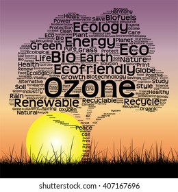 Vector concept or conceptual black text word cloud as tree and grass on sunset sky sun background  for nature, ecology, green, energy, natural, life, world, global, protect, environmental or recycling