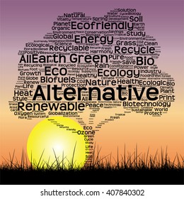 Vector concept or conceptual black text word cloud as tree and grass on sunset sky sun background  for nature, ecology, green, energy, natural, life, world, global, protect, environmental or recycling