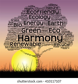 Vector concept or conceptual black text word cloud as tree and grass on sunset sky sun background  for nature, ecology, green, energy, natural, life, world, global, protect, environmental or recycling