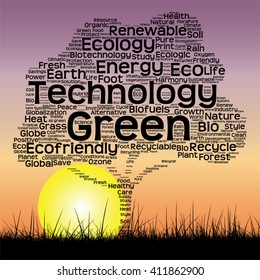 Vector concept or conceptual black text word cloud as tree and grass on sunset sky sun background  for nature, ecology, green, energy, natural, life, world, global, protect, environmental or recycling