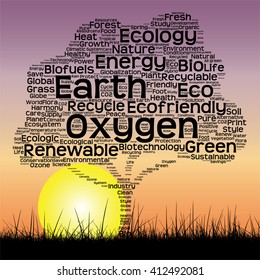 Vector concept or conceptual black text word cloud as tree and grass on sunset sky sun background  for nature, ecology, green, energy, natural, life, world, global, protect, environmental or recycling