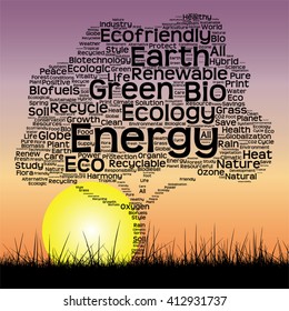 Vector concept or conceptual black text word cloud as tree and grass on sunset sky sun background  for nature, ecology, green, energy, natural, life, world, global, protect, environmental or recycling