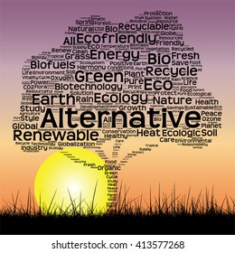 Vector concept or conceptual black text word cloud as tree and grass on sunset sky sun background  for nature, ecology, green, energy, natural, life, world, global, protect, environmental or recycling