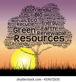 Vector concept or conceptual black text word cloud as tree and grass on sunset sky sun background  for nature, ecology, green, energy, natural, life, world, global, protect, environmental or recycling
